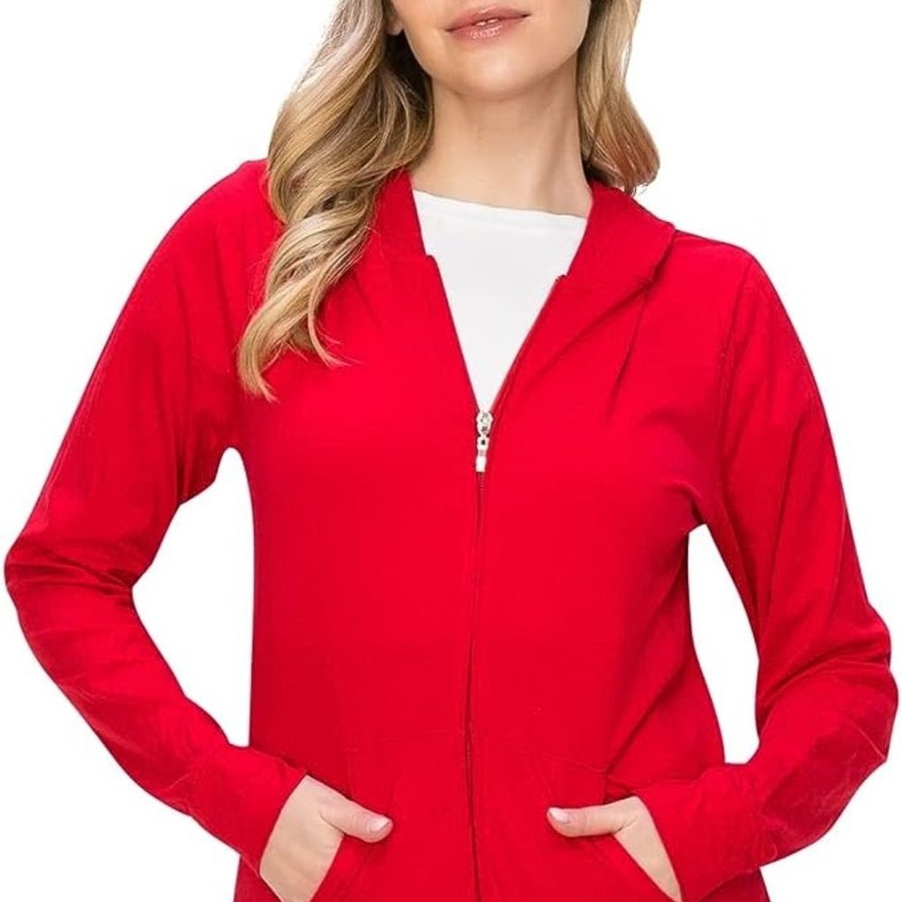 LUVAGE Women's Lightweight Sim-Fit Cotton Long Sleeve Zip-Up Hoodie Jacket Red